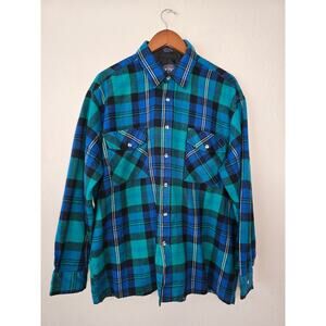 Vintage Alpine Trail Flannel Shirt Blue Green Plaid Flap Pocket XL Button Up